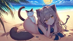 Highly detailed medium shot of a cat, sand, hot, cute, tail, sun, large