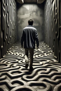 A man walking in a deep labyrinth with no face