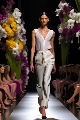 Model in runway with orchids like principal e