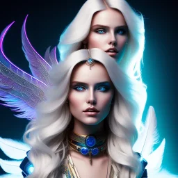 A beautiful portrait of a cute smiling cyberpunk woman with long blond hair, high key lighting, volumetric light high details with white stripes and feathers and blue luminous celtic paterns and wings, starry background