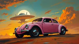 a high definition screen shot of a jet-fighter vw-beetle, retrofuturistic, phototrealism, Macabre Rapture End of days Revelation scene, loose brush stroke matte oil painting, sinner apotheosis,diagonal composition, unbalanced, abstract surreal horror, eerie, scary warm colors, Eldritch, by Colin McCahon Upscale @JonKnockTurnal A photorealistic futuristic pink cadillac 2999 ufo, bilaterally