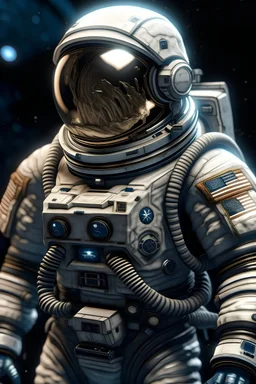 An astronaut stays on a surface of an unhabitable planet. He has a patch with a steel hawk on his arm near shoulder.