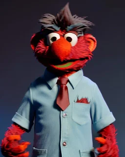 hybrid character, Elmo muppet head, realistic man body, human arms and hands, Shirt and tie, concept art, smooth, unreal engine 5, god lights, ray tracing, RTX, lumen lighting, ultra detail, volumetric lighting, 3d, finely drawn, high definition, 4k.