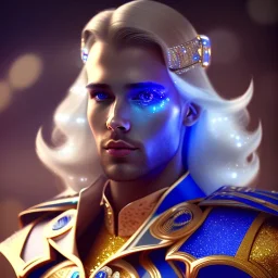 Handsome galactic knight, glitter blue and white prince suit with jewels, long blond hair, blue eyes, cinematic lights, unreal engine 5, 4k, high details