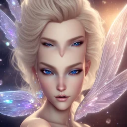 beautiful blonde fairy in a galactic ambiance, transparent wings, delicate colors, finely tuned detail, ultra high definition, 8 k, unreal engine 5, ultra sharp focus