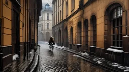 The rain-soaked cobblestones shimmer as a lone cyclist glides down the narrow street, while the architecture wears a winter blanket of beauty.