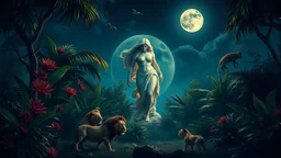 Venus in the night jungle, surrounded by exotic flora and observed by lions under the full moon.