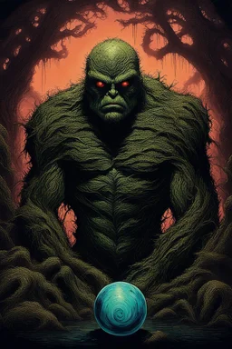 Swamp Thing, dark ball , ominous, , , intricate, oil on canvas, masterpiece, expert, insanely detailed, 4k resolution, retroanime style, cute big circular dark eyes, cinematic smooth, intricate detail , soft smooth lighting, soft pastel colors, painted Renaissance stylestyle