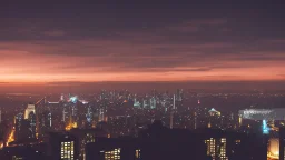 An Englishman in a bomber jacket standing at the top of a tall building looking across a city at night