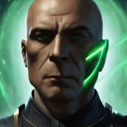 star wars bald male corellian jedi pilot wearing gunmetal grey and black old republic armored robes with gold trim inside the jedi temple holding a lightsaber with viridian green blade in left hand, centered head and shoulders portrait, hyperdetailed, dynamic lighting, hyperdetailed background, 8k resolution, volumetric lighting, light skin, fully symmetric details