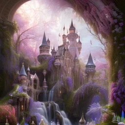 8K realistic dreamscape with magical white castle, Cascades of bright flowers, majestic, intricate, masterpiece, insanely detailed, cinematic smooth, intricate details , soft smooth lighting, soft smooth pastel colors, iridescent accents