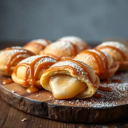 8k Resolution full-view of golden empadas filled with dulce de leche, arrged on a wooden board with caramel drizzle d powdered sugar topping.