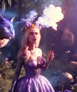 Ultra realistic wonderland photo, happy blonde woman smoking a shisha, blue dress, big purple-cat friend, circus dress style, old school tattoo, smoke, marijuana garden, glow eyes, perfect iris, soft color, highly detailed, unreal engine 5, cinematic, ultra detail, volumetric lighting, high definition.