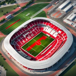 Imágen de arte lineal de un estadio de futboll, vista aérea, calidad ultra, hiperdetallado, 8k, color rojo y blanco