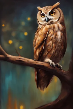 adults oil painting of a wise old owl perched on a branch, gazing into the night style=oil painting, no outline , splashes of colors blurry