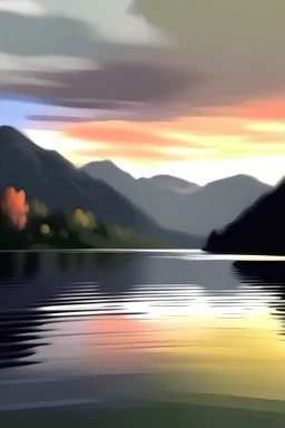 paisaje de lago entre las montañas con puesta de sol estilo Monet