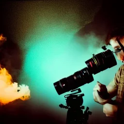 Monster photographer destroing camera in his studio. Smoke. green spot light. Particles in the air., post-apocalyptic, hyperdetailed, long shot, bokeh, studio lighting, low-key lighting, kodachrome