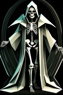 isometric low-poly character of a skeleton in a black hooded cloak,all inside a lighter diamond shape on a black background, monochromatic