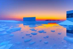 Sunset, winter, Futuristic buildings in the ice, tendency to science fiction, impressionism painting