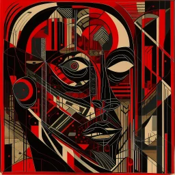 An abstract art masterpiece by Ray Johnson, depicting the concept of nyctophobia (fear of the dark). The illustration is a mind-bending, composition in warm colors, with crimson and dark shades dominating the piece. The 2D artwork showcases a unique blend of sharp geometric shapes and precise lines and dashes, creating an otherworldly futuristic atmosphere.