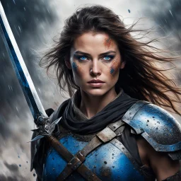 In a riveting display of resilience, a woman warrior’s intense blue eyes run in the battle, awash with the echoes of battle, pierce through the cacophony of war's remnants. Her body, speckled with the freckles of youth and the splatters of conflict, stands as a canvas of courage behind the steel of her raised sword.