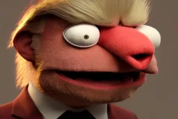 Angry muppet trump in suit, no tongue, looking forward, face, round puffball nose, hair