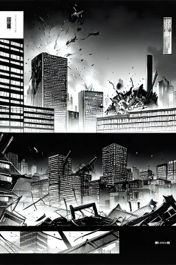 hiroshima nuclear bomb, city destruction, manga page, greyscale