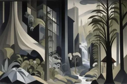 A dark gray jungle with a toxic river painted by Charles Demuth