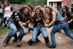 two heavy ahtletic muscular teenage-biker-girls rolling on the ground while furiously scuffling & headlocking each other and pulling hair in a crowd in a yard with grafitti. All wearing dirty washy Bluejeans pants with broad leather belts with huge buckles & studded hipbelts & dirty t-shirts & dirty shabby biker-leather-jackets with club-patches & dirty biker-overknees. epic tv-fight-scene.