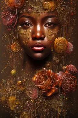 an abstract painting of rusted metal and flowers, african portrait, rust, scaffolding, iron cladding, decay, mixed media, textured, anatomically correct, beautiful perfect face, sharp focus, highly detailed