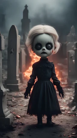 A very evil doll in hellfire stands in the middle of a terrible cemetery in the style of a horror movie