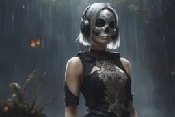 Beautiful girl with skull in her face in 8k nier automata artstyle, Wednesday them, hollow knight Custom, close picture, rain, fantasy world, intricate details, highly detailed, high details, detailed portrait, masterpiece,ultra detailed, ultra quality