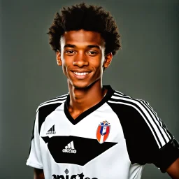 85mm DSLR color photography of a very detailed headshot fitting all of head and hair in frame. 18-year-old French soccer player, and with no facial hair and has no facial hair, has black hair his skin tone is fair white with a small smile, grey background