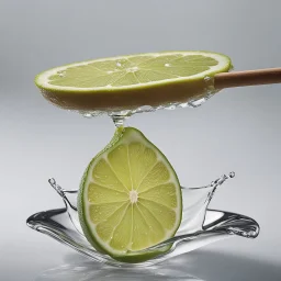 floating Lime wedge dripping a single droplet, side view photographic