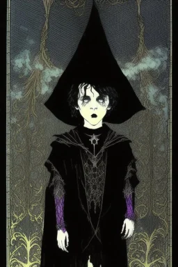 7 year old boy, necromancer, friendly, looks dead, surrounded by weird smoke with eyes, wearing black robes, in the style of Harry Clarke