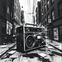 dirty back streets ghettoblaster abstract particles waves length sonic capacity black and white cube