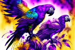 parrot-phoenix mix birds, a picture of togetherness, death, resurrection, purple in sunshine, watercolor and black ink outlines, sparkling golden glitter, ethereal, cinematic postprocessing, bokeh, dof