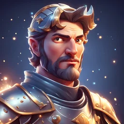 Portrait of a knight, cropped very closely. 3D vector cartoon asset, mobile game cartoon stylized, clean. Camera: side angle, 90°, 35 mm. Lighting: beams, sparkles and bloom, LED lights. cartoon style