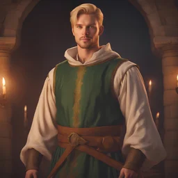 A handsome man blonde short hair green eyes wearing medieval white beige noble cloth at the medieval ceremony hall at night