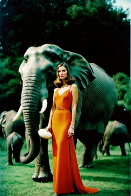 sixties, beautiful woman holding a piece of elephant art, Portra 400 film photo, analog inspiration, bubble, helmut newton, polaroid colors, realistic face, space age