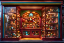 Toy Shop Window Display :: 8k 3D, hyperdetailed , intricately detailed , Unreal Engine 5, maximalist , airbrush art , pencil sketch , mixed media , radiant , triadic colors , award winning, crisp quality, HDR, cel-shaded, centered