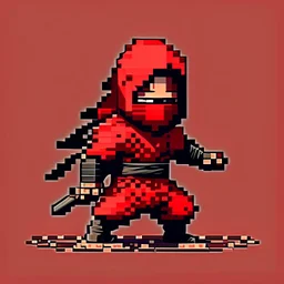 a pixel art-style, simple 64-bit Ninja with a red outfit, retro gaming shinobi graphic style