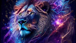 a magical dmt lion in space. nebula , Flying Petals, Sparks, Lightning, Portrait Photography, Fantasy Background, Intricate Patterns, Luminous, Radiance, Ultra Realism, Intricate Details, High Quality, Studio Photo, Intricate Details, heart designs. colorful