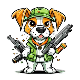 Create a professional cartoon design featuring an adorable dog with guns. Ideal for both dog lovers and firearm enthusiasts, this humorous design is a perfect way to stand out in a crowd. It boasts high quality, vibrant colors, and a white background, making it eye-catching and distinctive.