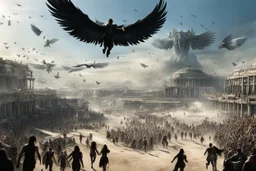 View of Elysium with winged females flying over people running away in fear
