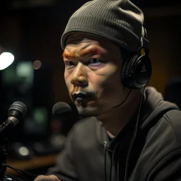 Christer Chao Solvang, norwegian rapper in silver gloden studio and with a tiny weird hat, young dark and handsome, with thick hairy eyebrows, and tiny mic, directing a debate, photo-realistic, shot on Hasselblad h6d-400c, zeiss prime lens, bokeh like f/0.8, tilt-shift lens 8k, high detail, smooth render, down-light, unreal engine, prize winning