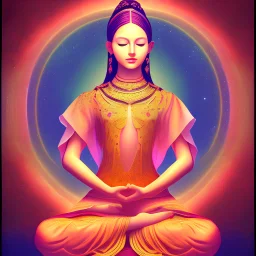 beautiful girl in lotus pose folded hands in prayer doing meditation , colorful background
