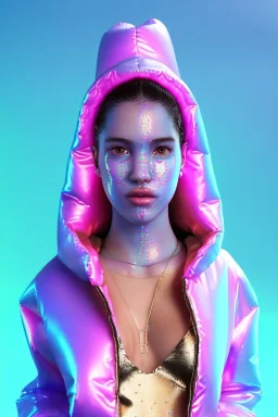 Ultra Realistic image, Rosalía artist, portrait, normal complexion, waist up portrait, long black eye line, sweet face, inflatable hoodie, gold pink and blue style, spray glow make up, led rings piercing, led geometric ornament, fog, hot, inflatable style latex coat, vibrant color, highly detailed, art stations, concept art, smooth, unreal engine 5, god rays, ray tracing, RTX, lumen lighting, ultra detail, volumetric lighting, 3d, finely drawn, high definition, high resolution.