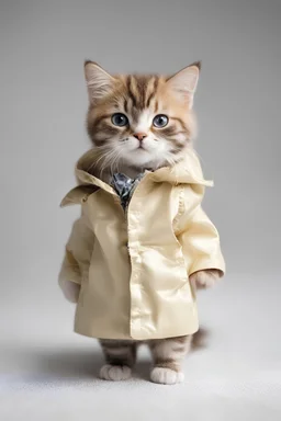 baby cat in raincoat. Chibi, Photograph, Canon DSLR, Tilt - shift, white background, high definition, Complete and coordinated composition, 8k