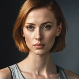 photo, rule of thirds, deborah ann woll dramatic lighting, short hair, detailed face, detailed nose, woman wearing tank top, smirk, realism, realistic, raw, analog, woman, portrait, photorealistic, analog, realism